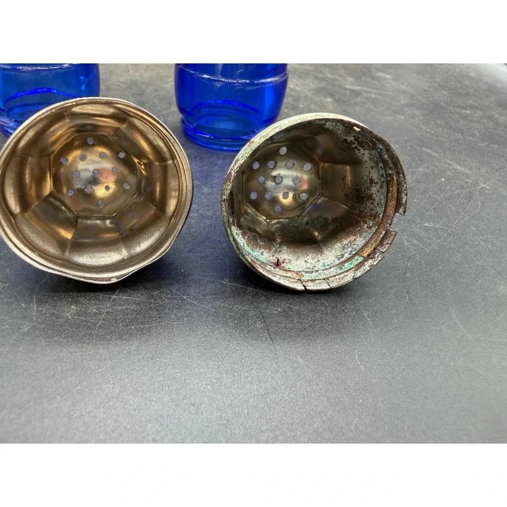 Vintage Cobalt Blue Glass Creamer Sugar Set Salt Pepper Shakers Art Deco Ribbed